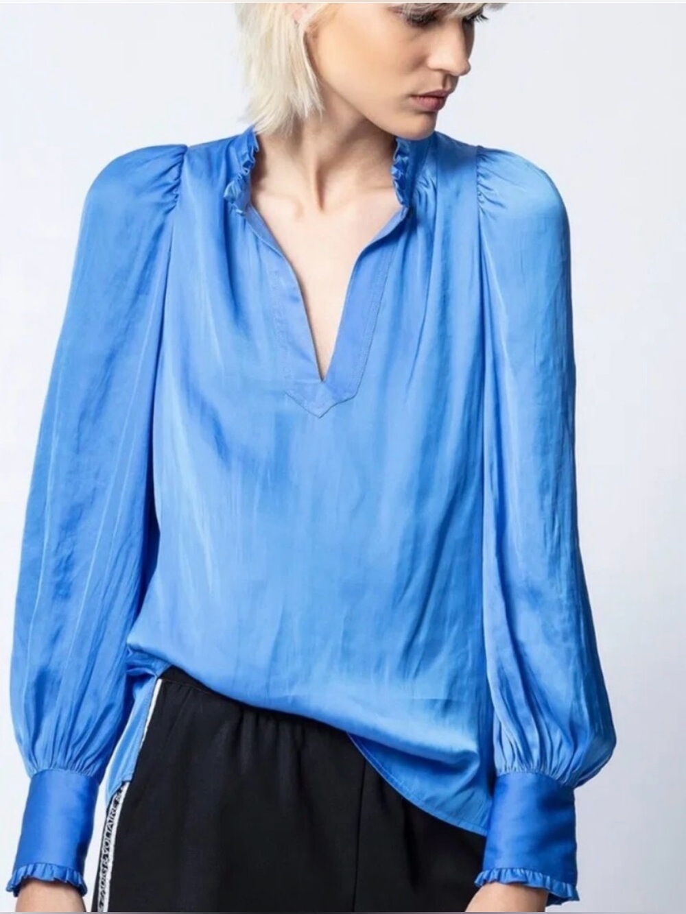 Zadig & Voltaire Titu Satin Blouse XS Blue Ruffle Romantic Workwear Pirate Chic